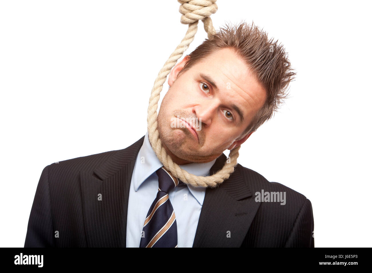 business man businessman suicide rope hanging hang up man bank lending Stock Photo