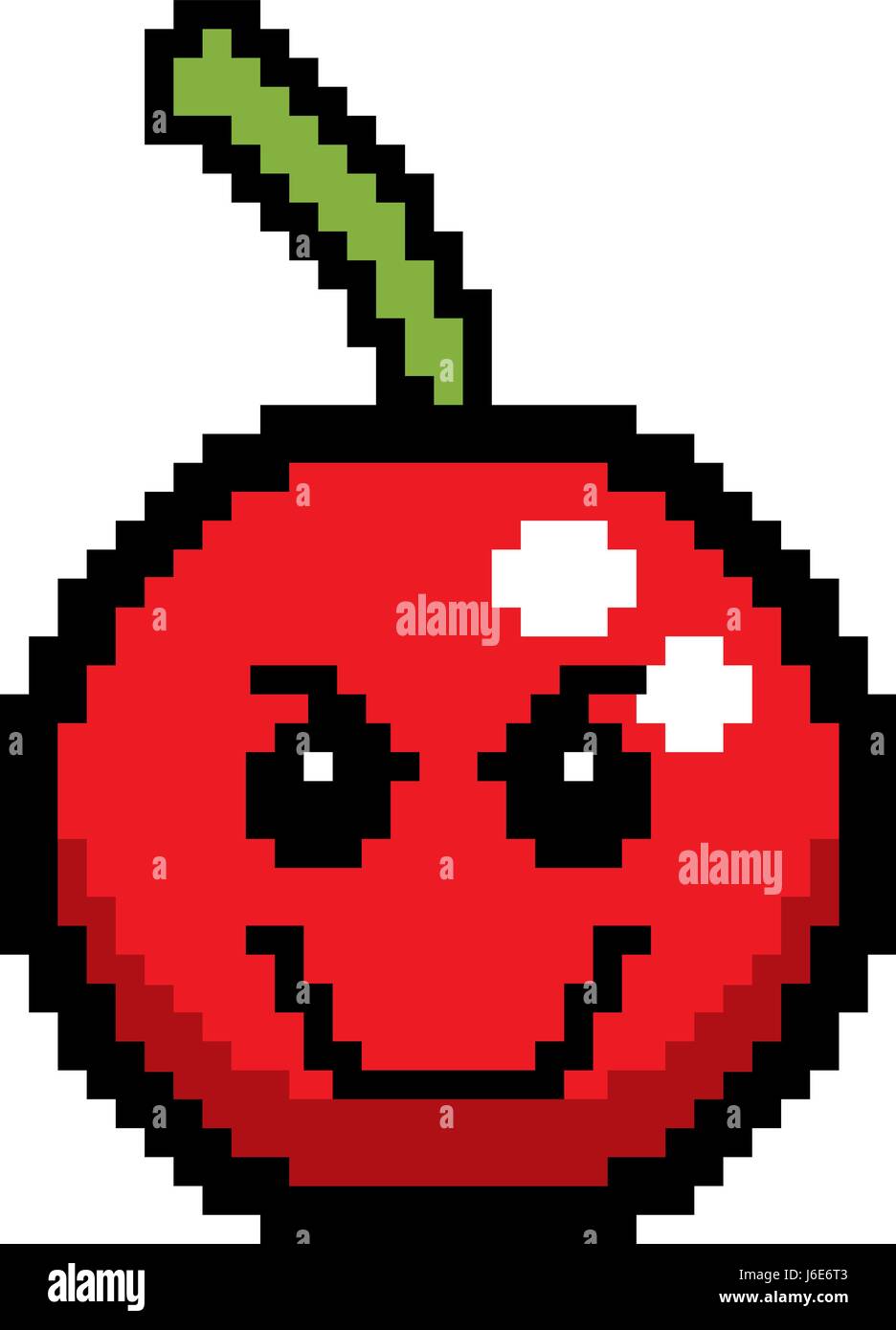 An illustration of a cherry looking evil in an 8-bit cartoon style ...