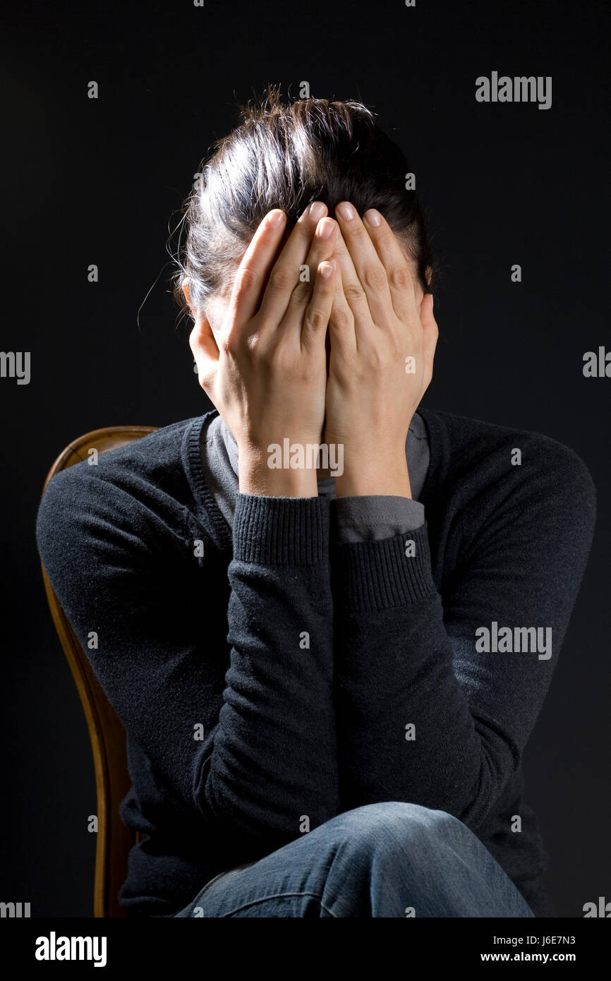 woman loneliness depression tired headache insulation colour picture toothache Stock Photo