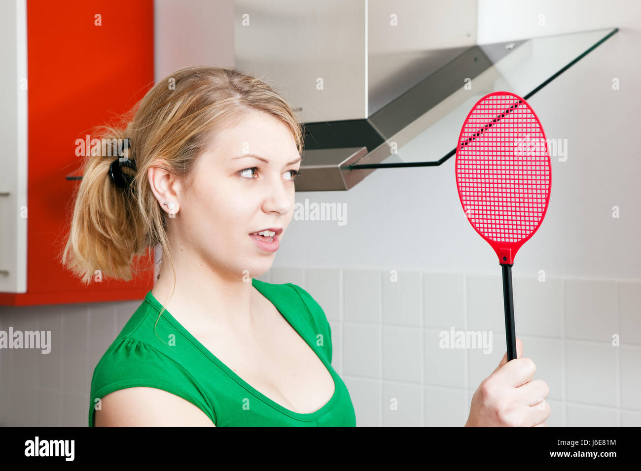 woman flies insects spin plague midges swatter hunting chase humans human Stock Photo