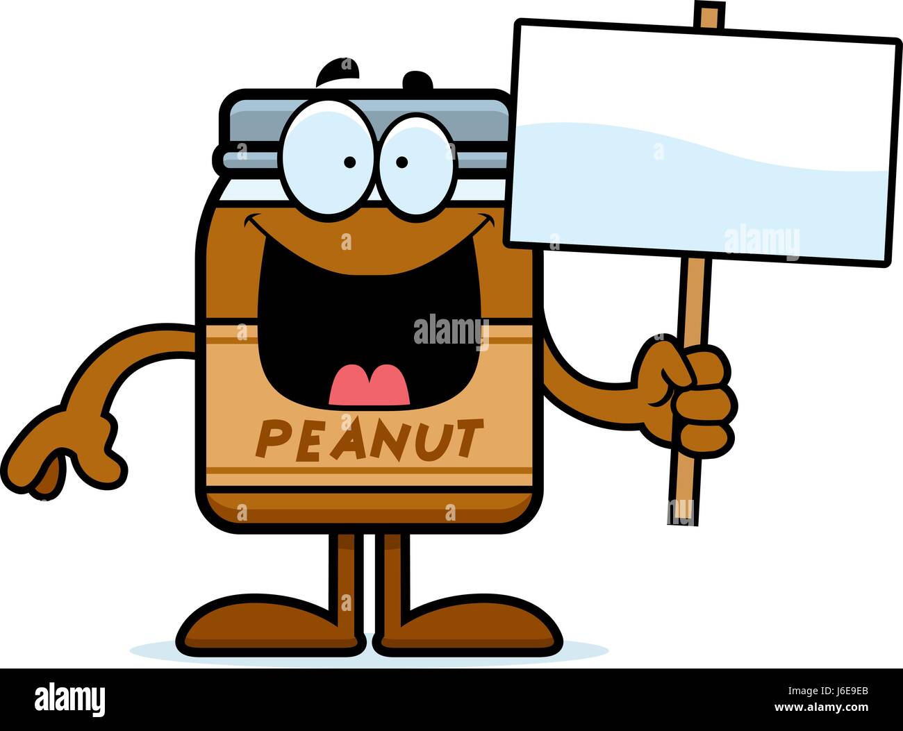 A cartoon illustration of a peanut butter jar holding a sign Stock