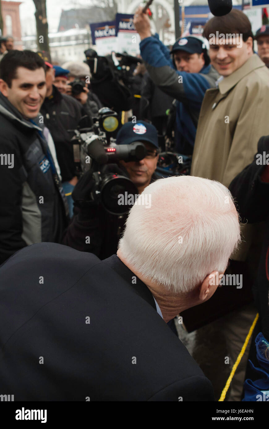 KEENE, NEW HAMPSHIRE/US - JANUARY 7, 2008: US Senator John McCain jokingly looks for a way through reporters during an outdoor rally. Stock Photo
