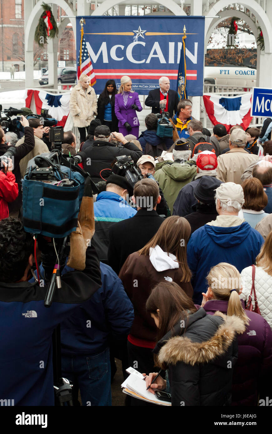 KEENE, NH/US - JANUARY 7, 2008: US Senator John McCain speaks to supporters at an outdoor rally on the final day before the 2008 NH primary. Stock Photo