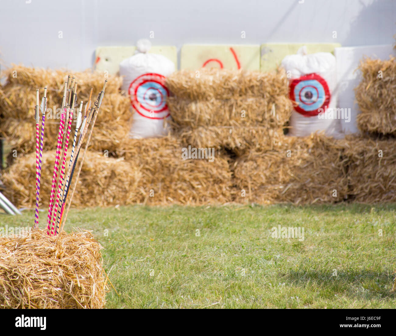 Archery targets and differernt colored arrows on rural shooting range