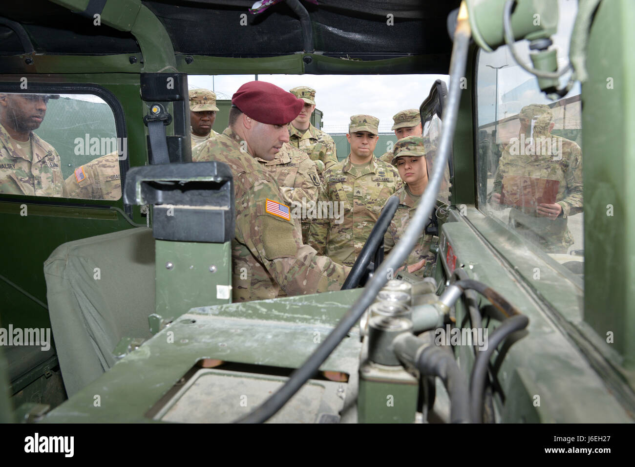 U.S. Army Paratroopers assigned to the 173rd Airborne Brigade Support Battalion, 173rd Airborne Brigade, are tested on their procedures conducting Preventive Maintenance Checks and Service of military vehicles during the Junior Leader Challenge at Caserma Del Din, Vicenza, Italy May 10, 2017.  The 173rd Airborne Brigade is the U.S. Army Contingency Response Force in Europe, capable of projecting ready forces anywhere in the U.S. European, Africa or Central Commands areas of responsibility within 18 hours.   (U.S. Army photo by Visual Information Specialist Antonio Bedin/released) Stock Photo