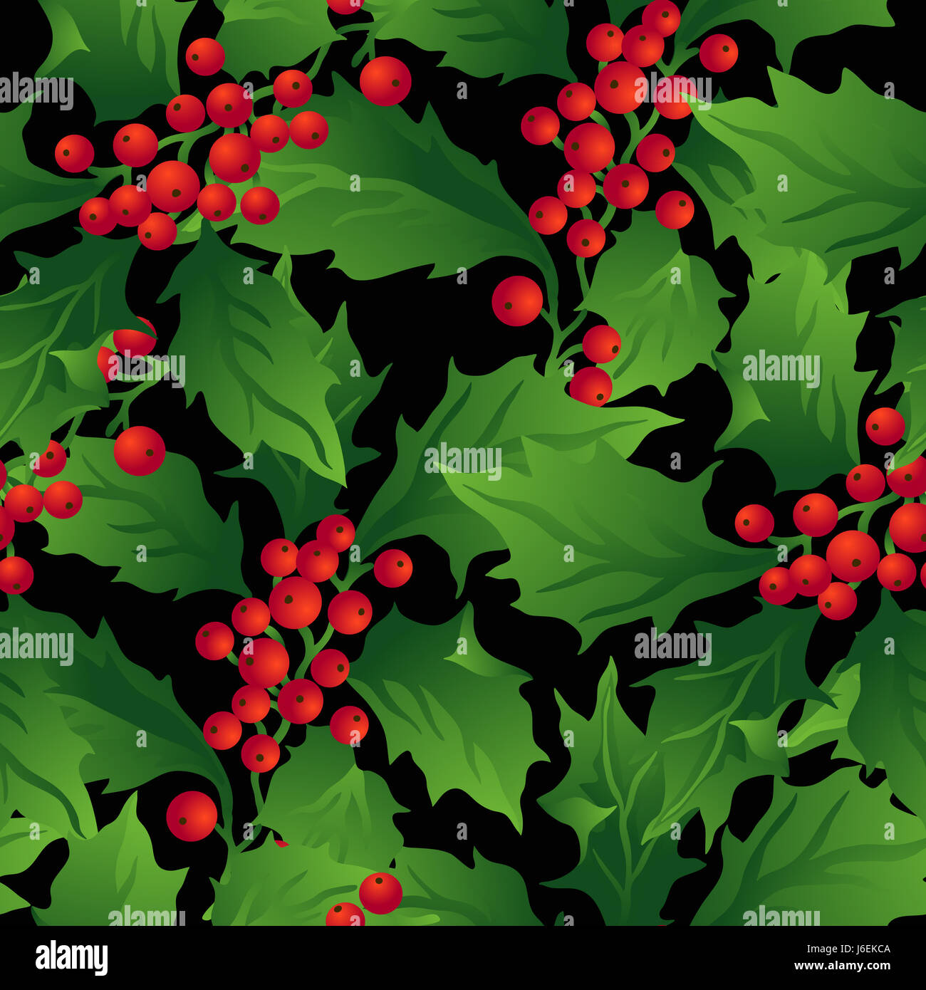 Green holly leaves and red berries, seamless background pattern Stock ...