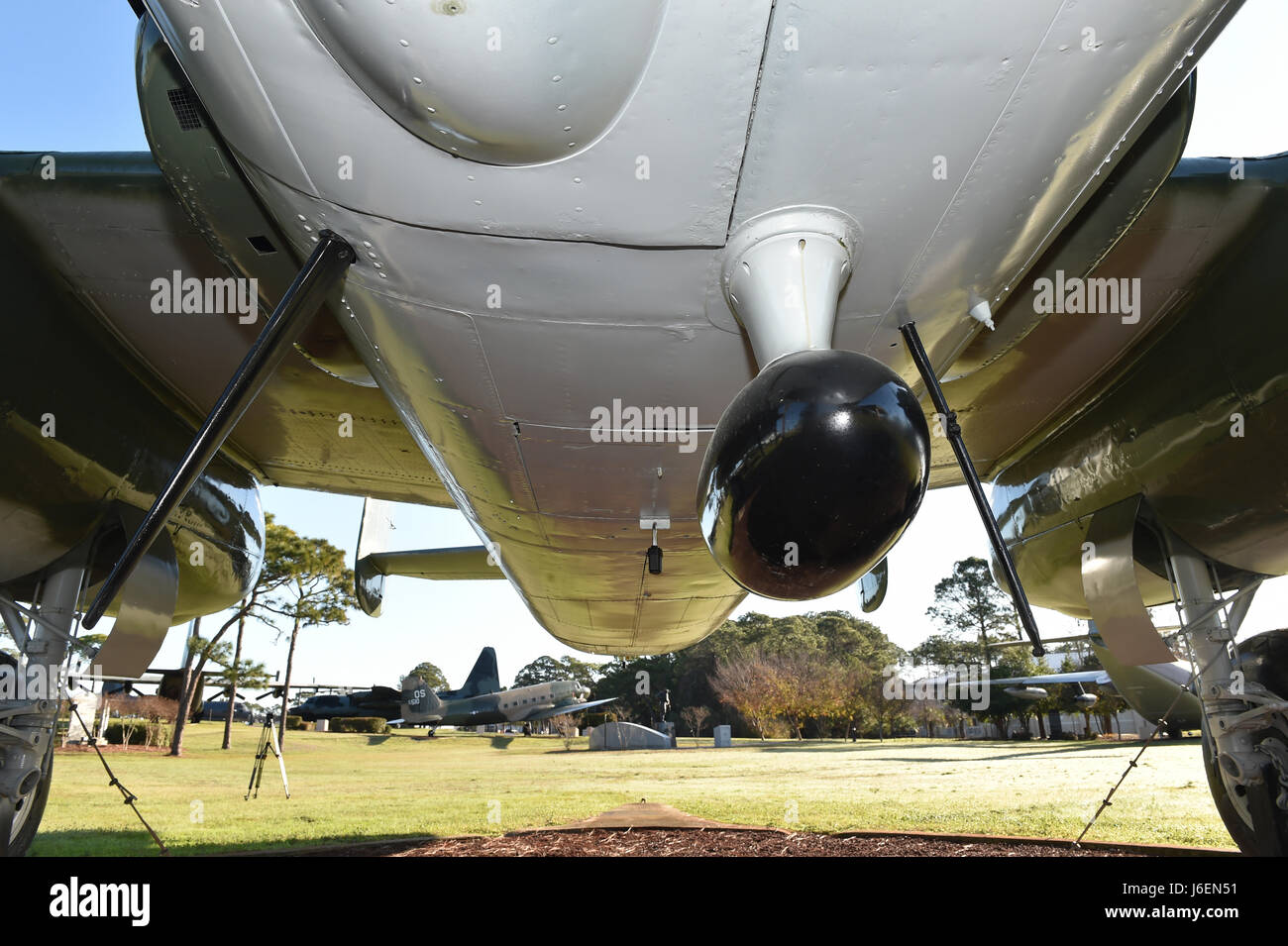 The B-25J Mitchell was used by the 1st Air Commando Group in the China-Burma-India Theater. The bomber was armed with six .50-caliber machine guns, one 75mm cannon and able to carry approximately 3,000 lbs. of bombs. The top speed of the heavily armed plane was 275 mph at a gross weight of 33,500 pounds. (U.S. Air Force photo by Airman 1st Class Joseph Pick) Stock Photo