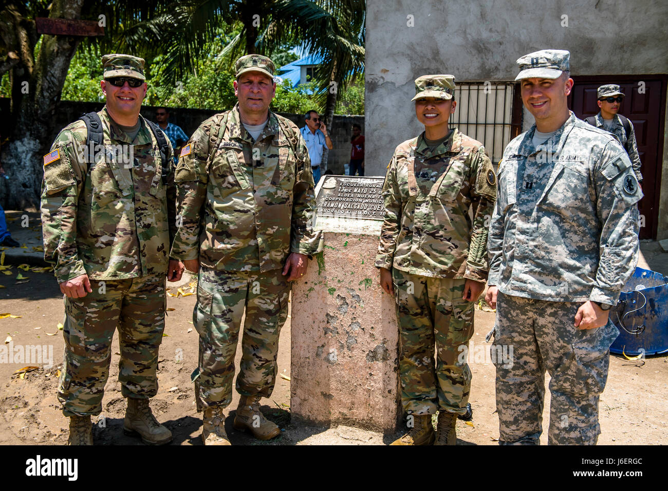 Members of the Civil Leader Engagement pose for a group photo at the Medical Readiness Training Exercise site in Cooperativa village, Colon, Apr. 21, 2017. Joint Task Force – Bravo Medical Element, provided care to more than 850 patients during a Medical Readiness Training Exercise in Cooperativa village, Colon, Honduras, Apr. 20-21, 2017. MEDEL also supported a Military Partnership Engagement and assisted more than 650 patients with the Hondurian Navy in Santa Rosa de Aguan, Colon, Honduras, Apr. 22, 2017. (U.S. Air National Guard photo by Master Sgt. Scott Thompson/released) Stock Photo