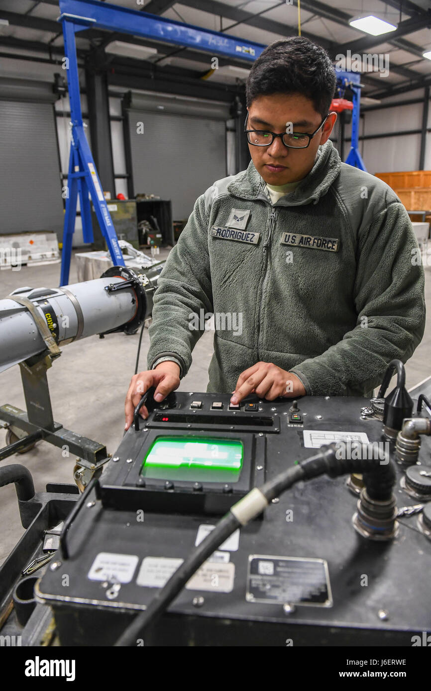 Senior Airman Kyle Rodriguez, 23rd Equipment Maintenance Squadron, Moody Air Force Base, Georgia, performs a tracking function test on an AGM-65 Maverick air-to-surface guided missile April 26 at Hill Air Force Base, Utah. Rodriquez participated in Combat Hammer, an air-to-ground weapons evaluation exercise which collects and analyzes data on the performance of precision weapons and measures their suitability for use in combat.  (U.S. Air Force/Paul Holcomb) Stock Photo