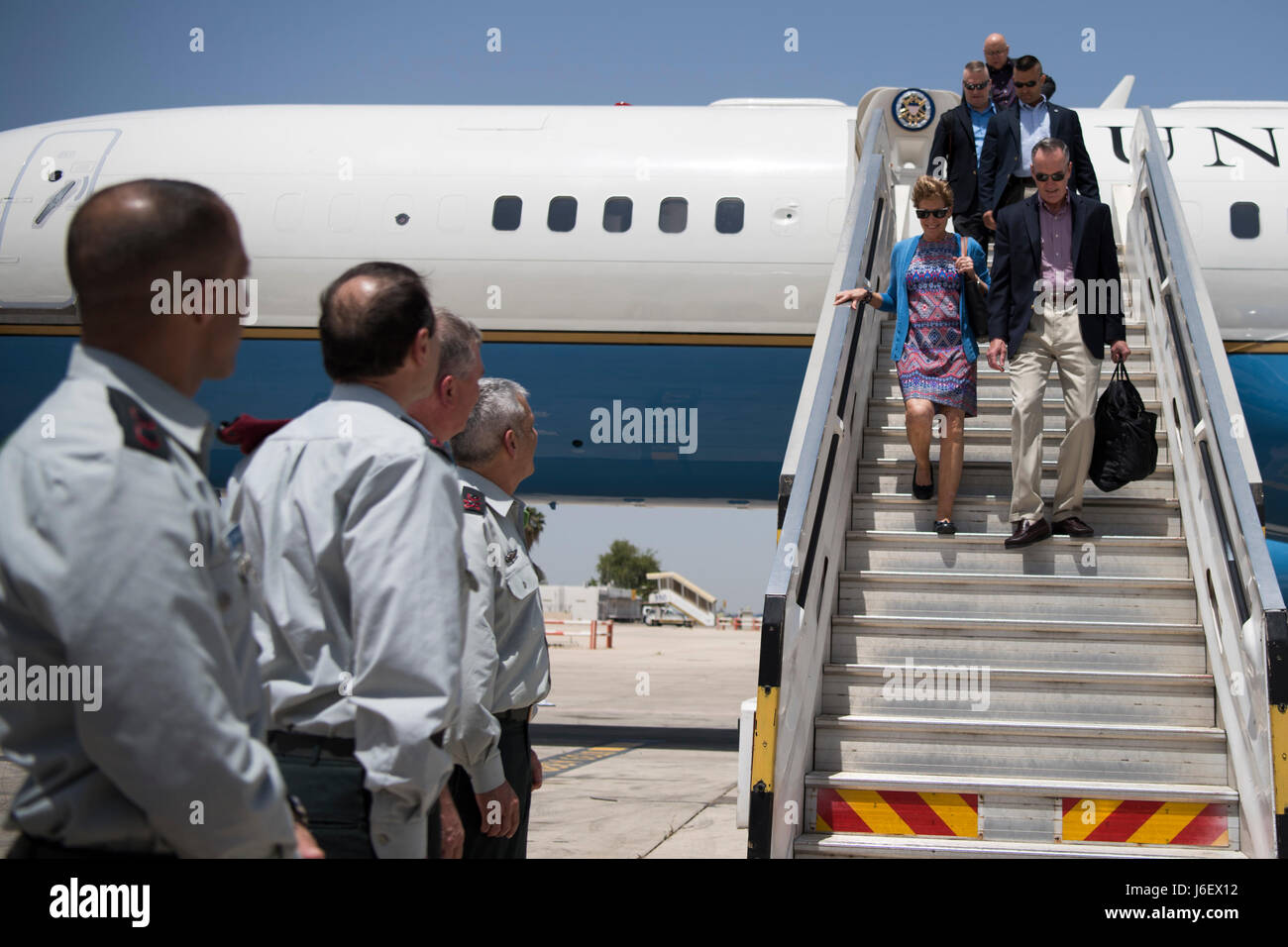 Marine Corps Gen. Joseph F. Dunford Jr., chairman of the Joint Chiefs of Staff, greets Israeli Maj. Gen. Mickey Edelstein after he arrives in Tel Aviv, Israel May 8, 2017. (Dept. of Defense photo by Navy Petty Officer 2nd Class Dominique A. Pineiro/Released) Stock Photo