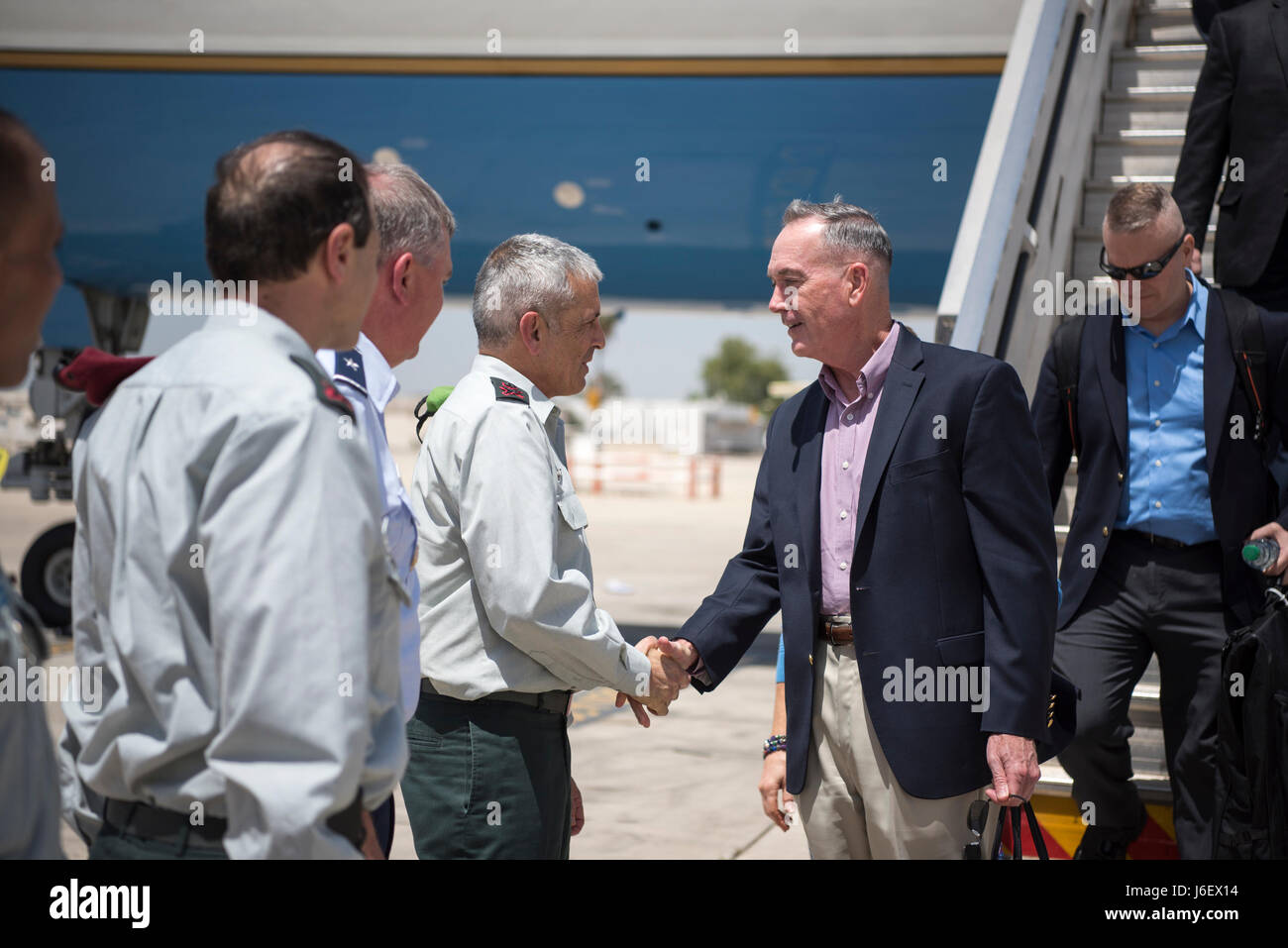 Marine Corps Gen. Joseph F. Dunford Jr., chairman of the Joint Chiefs of Staff, greets Israeli Maj. Gen. Mickey Edelstein after he arrives in Tel Aviv, Israel May 8, 2017. (Dept. of Defense photo by Navy Petty Officer 2nd Class Dominique A. Pineiro/Released) Stock Photo