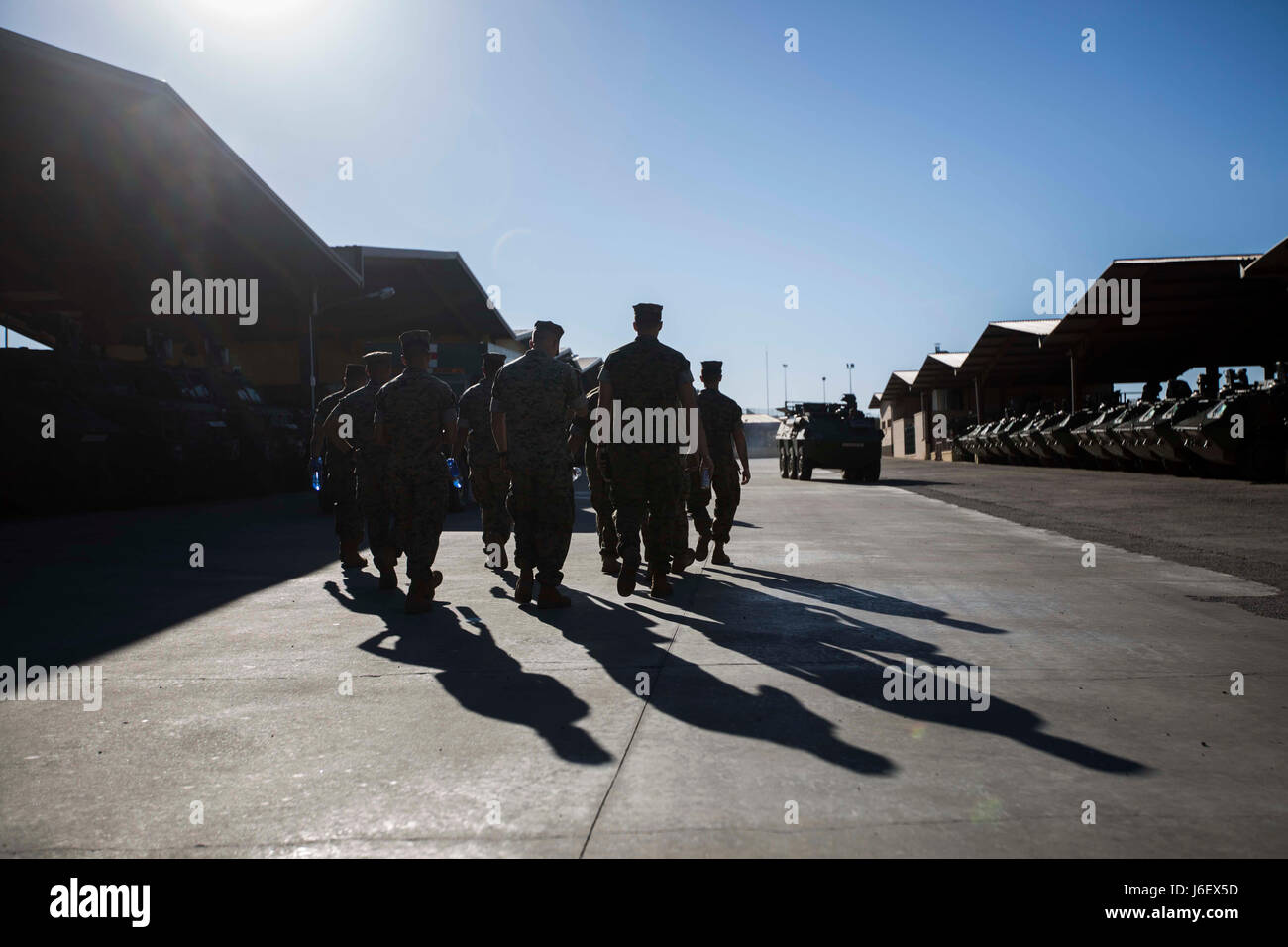 Marines assigned to Special Purpose Marine Air-Ground Task Force-Crisis Response-Africa combat logistics element receive a tour of La Legión Base Militar, Viator, Spain, April 8, 2017. SPMAGTF-CR-AF deployed to conduct limited crisis response and theater security operations in Europe and North Africa. (U.S. Marine Corps Photo by Cpl. Jodson B. Graves) Stock Photo