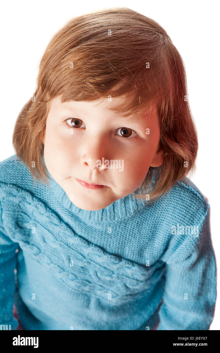 Serious Girl With Short Hair And Brown Eyes Looking Up Stock