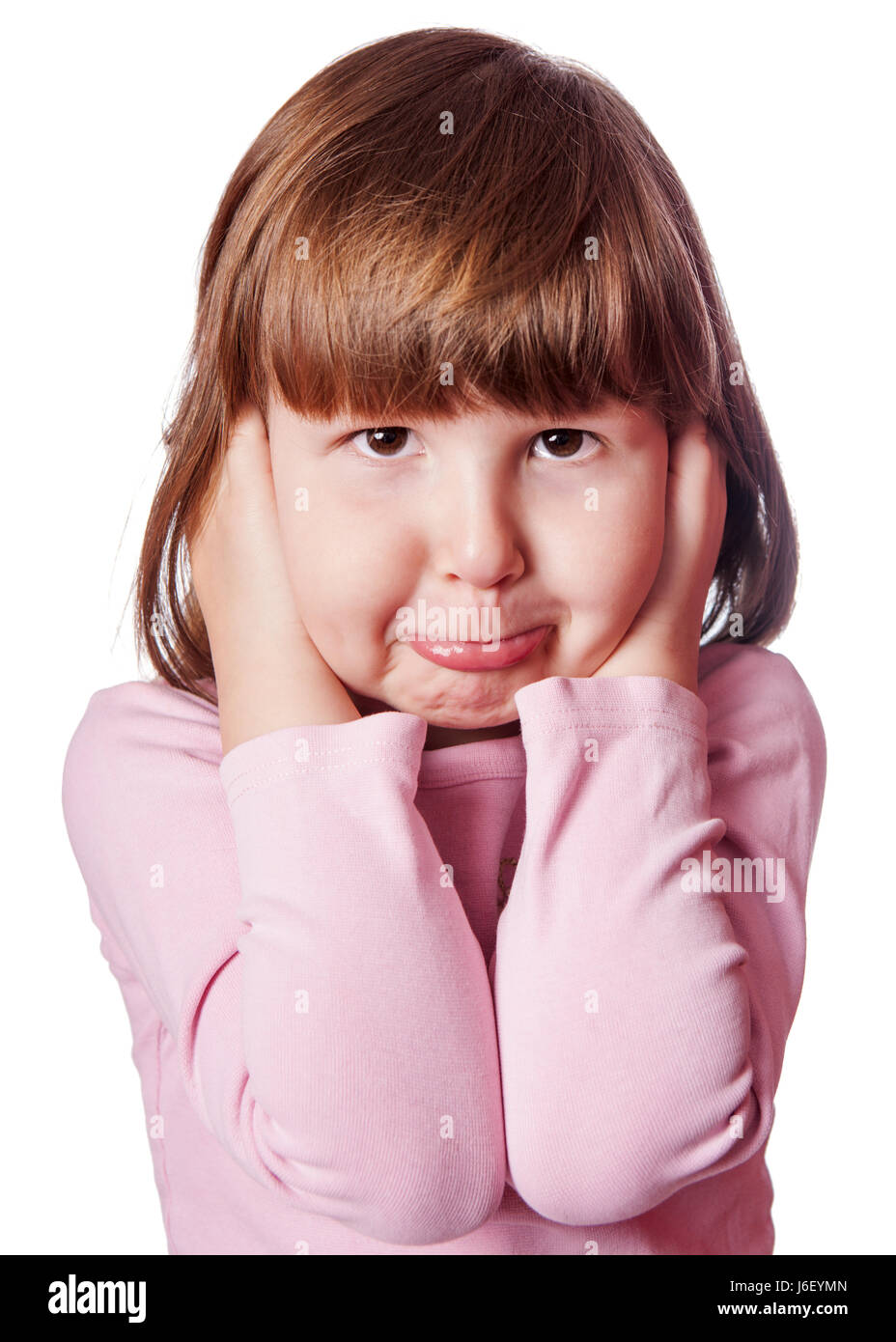 Little girl covering ears looks upset isolated Stock Photo Alamy