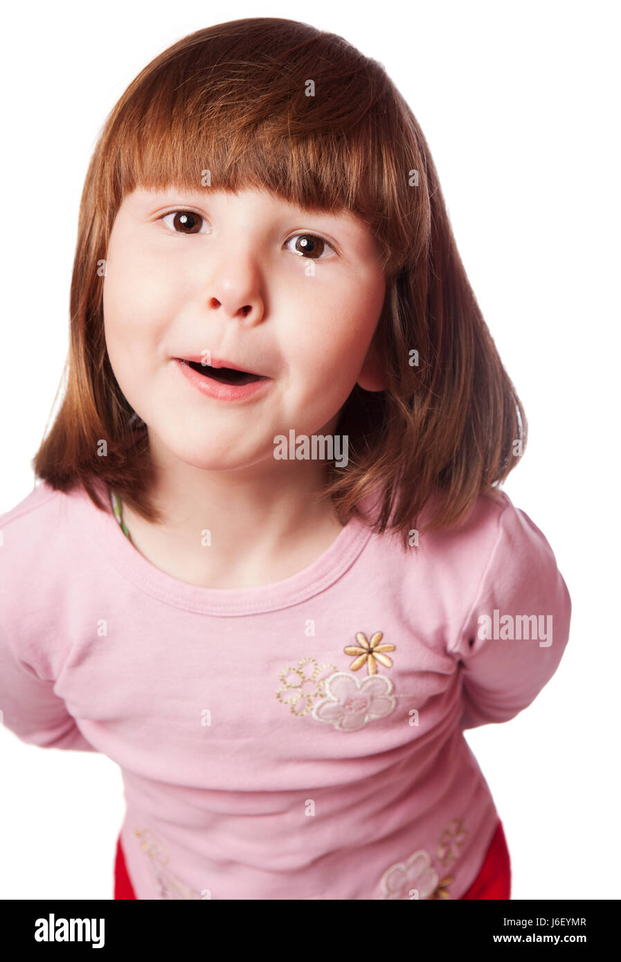 Surprised Girl With Short Hair And Brown Eyes Looking Up Stock