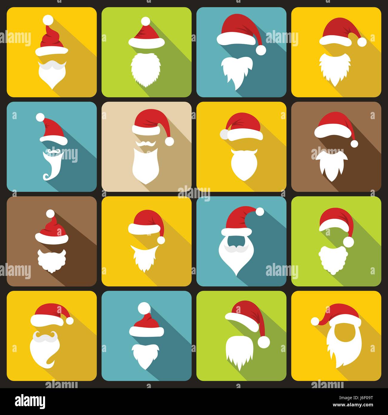 Santa hats, mustache and beards icons set Stock Vector