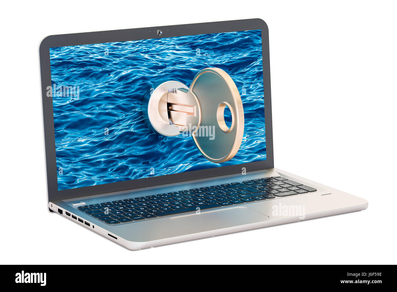 Laptop with key, security and protection concept. 3D rendering isolated ...