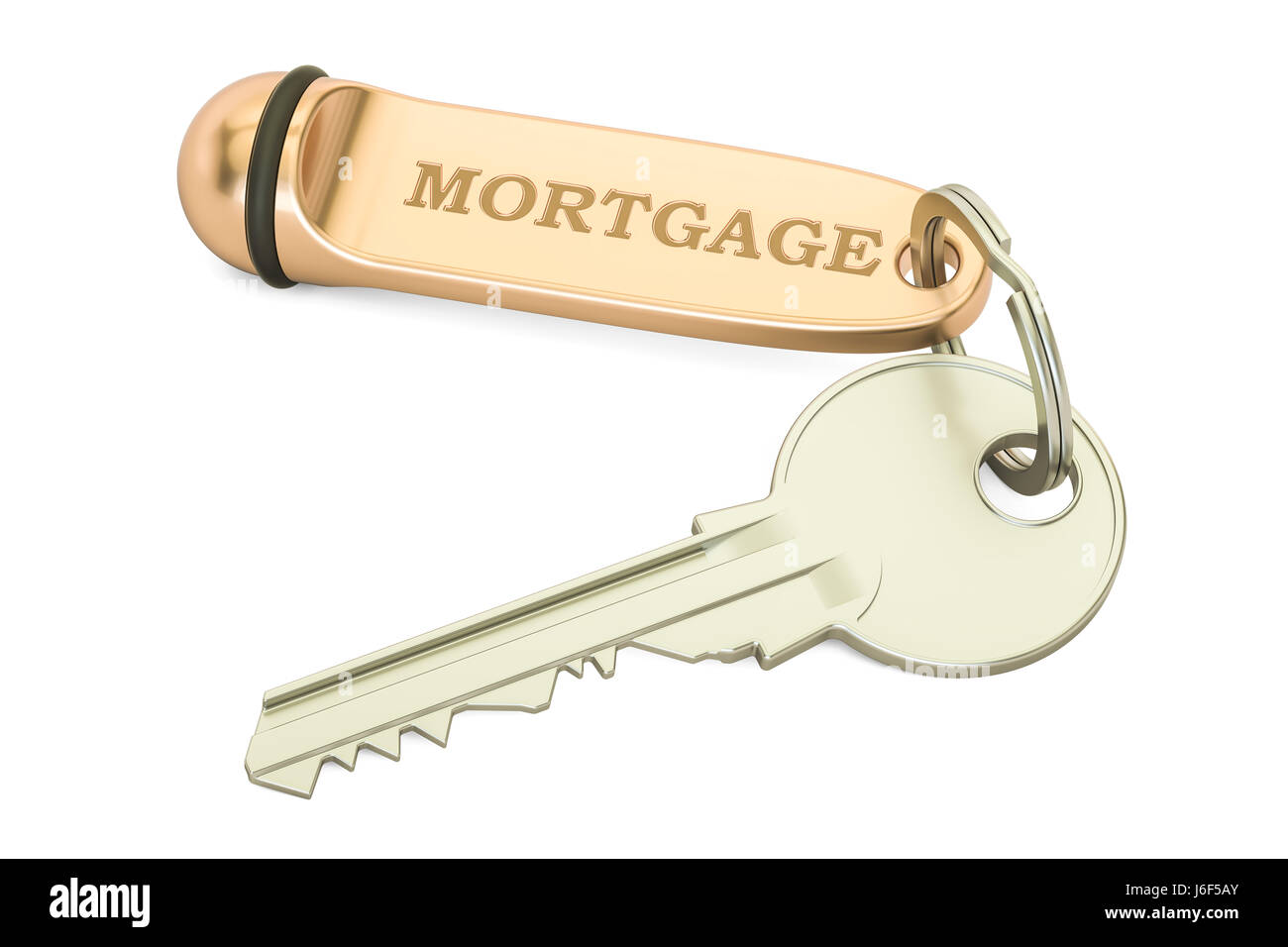 Mortgage concept. Home key with keychain, 3D rendering Stock Photo