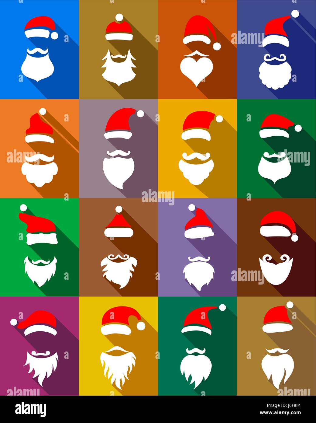 Hats and beards Santa set, flat style Stock Vector