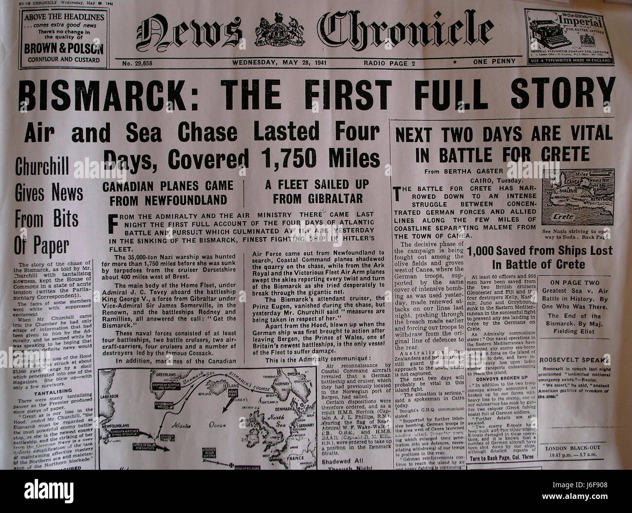 AJAXNETPHOTO. 4TH APRIL, 2009. WORTHING,ENGLAND. - HEADLINE NEWS - How the News Chronicle of 28th May 1941 headlined the sinking of the Bismarck; from a facsimile of the paper in the H.M.S.Cossack historical archive.   Photo:Jonathan Eastland/Ajax ref:gr2 90404 11451 Stock Photo