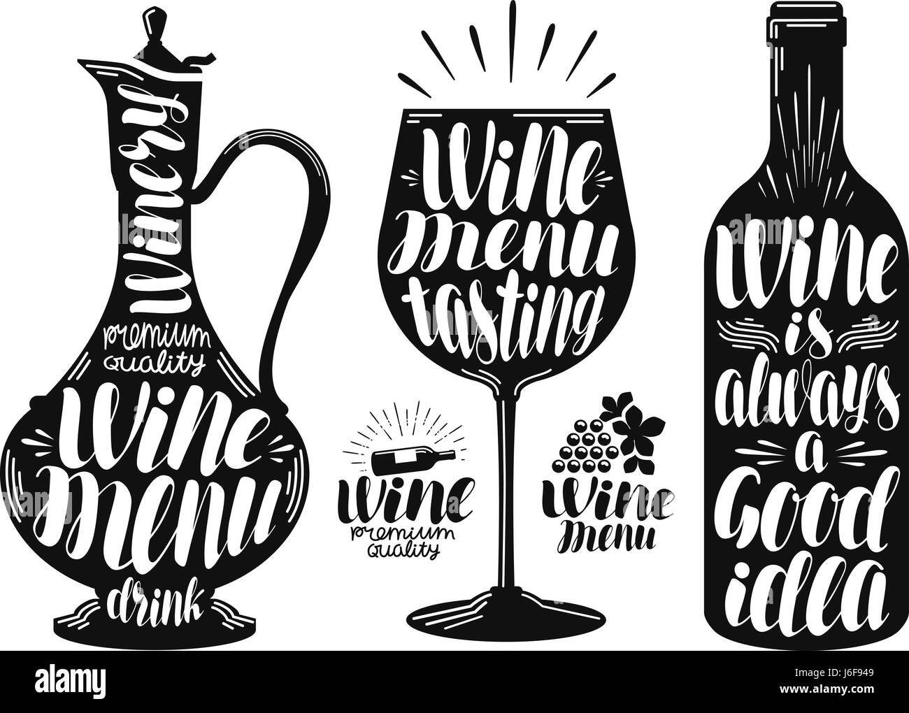 Wine, winery label set. Decanter, drink, glass, bottle icon or logo. Handwritten lettering vector illustration Stock Vector