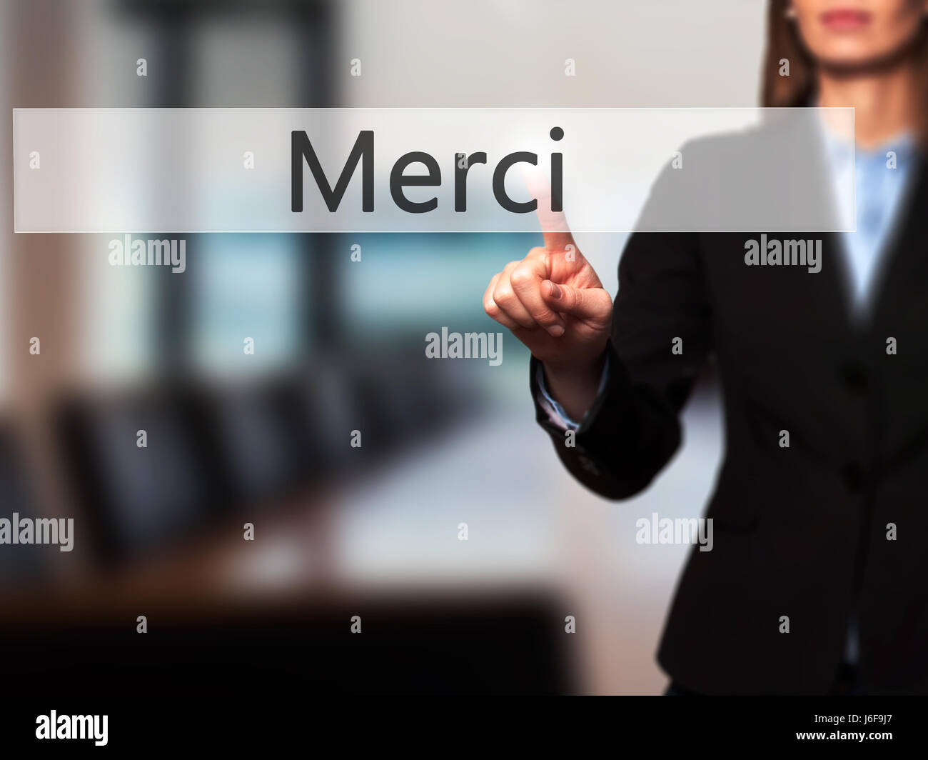Merci Work Merci - Businesswoman hand pressing button on touch screen interface ...