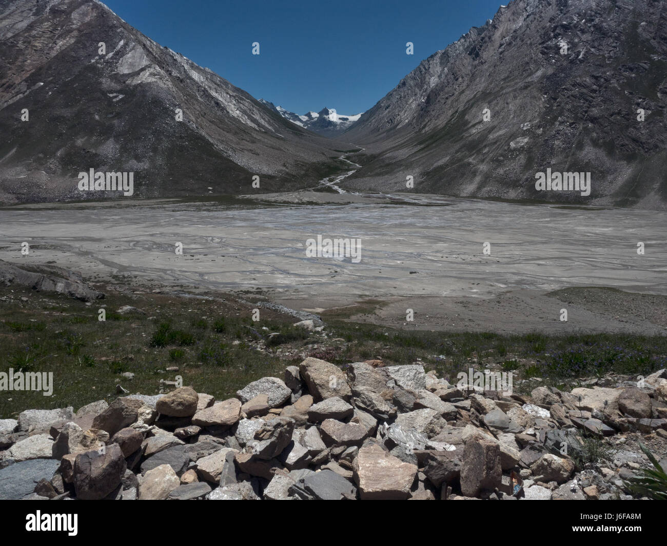 Glacial morainic valley among the high mountains of Zanskar, summer day ...