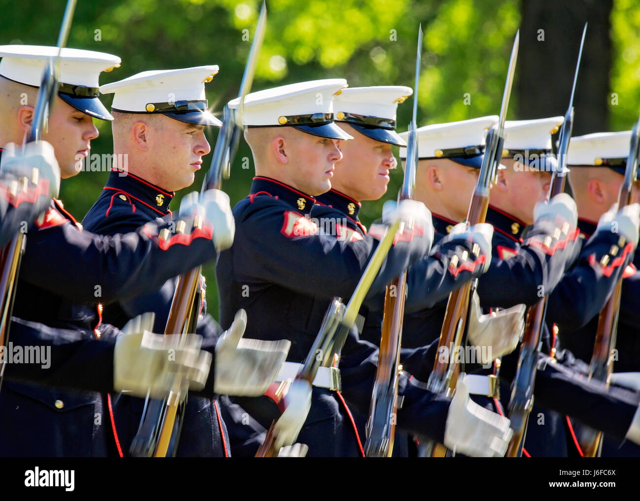 The U.S. Marine Corps Silent Drill Platoon performs during the Centennial Celebration Ceremony at Lejeune Field, Marine Corps Base (MCB) Quantico, Va., May 10, 2017. The event commemorates the founding of MCB Quantico in 1917, and consisted of performances by the U.S. Marine Corps Silent Drill Platoon and the U.S. Marine Drum & Bugle Corps. (U.S. Marine Corps photo by James H. Frank) Stock Photo