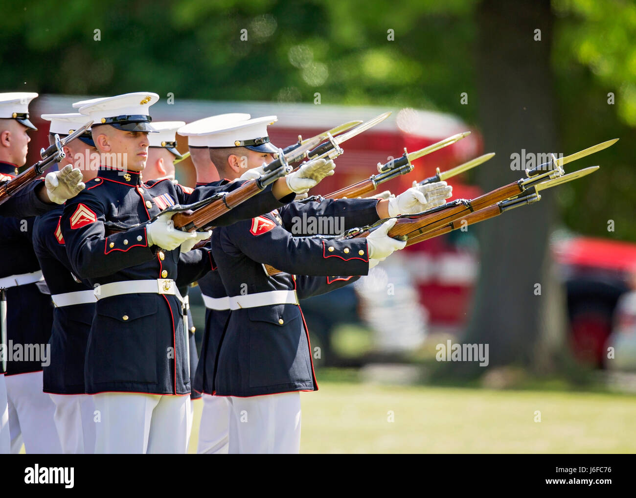 The U.S. Marine Corps Silent Drill Platoon performs during the Centennial Celebration Ceremony at Lejeune Field, Marine Corps Base (MCB) Quantico, Va., May 10, 2017. The event commemorates the founding of MCB Quantico in 1917, and consisted of performances by the U.S. Marine Corps Silent Drill Platoon and the U.S. Marine Drum & Bugle Corps. (U.S. Marine Corps photo by James H. Frank) Stock Photo