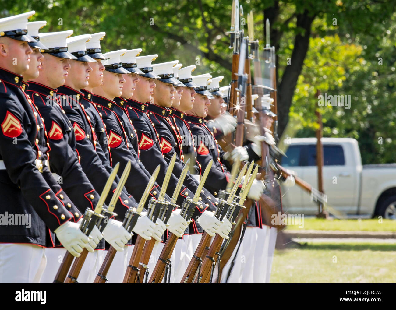 The U.S. Marine Corps Silent Drill Platoon performs during the Centennial Celebration Ceremony at Lejeune Field, Marine Corps Base (MCB) Quantico, Va., May 10, 2017. The event commemorates the founding of MCB Quantico in 1917, and consisted of performances by the U.S. Marine Corps Silent Drill Platoon and the U.S. Marine Drum & Bugle Corps. (U.S. Marine Corps photo by James H. Frank) Stock Photo