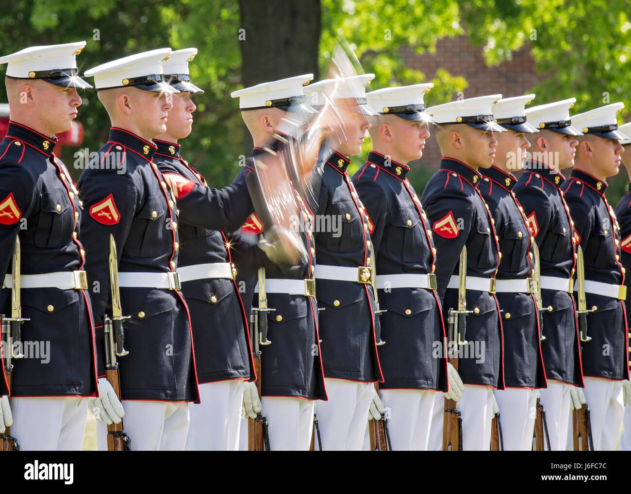 The U.S. Marine Corps Silent Drill Platoon performs during the Centennial Celebration Ceremony at Lejeune Field, Marine Corps Base (MCB) Quantico, Va., May 10, 2017. The event commemorates the founding of MCB Quantico in 1917, and consisted of performances by the U.S. Marine Corps Silent Drill Platoon and the U.S. Marine Drum & Bugle Corps. (U.S. Marine Corps photo by James H. Frank) Stock Photo