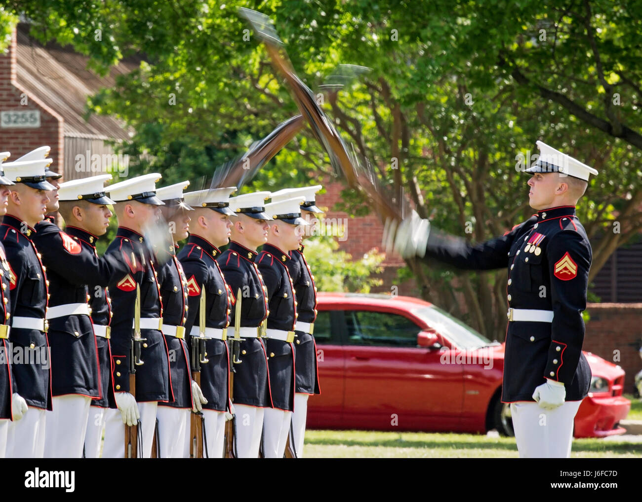 The U.S. Marine Corps Silent Drill Platoon performs during the Centennial Celebration Ceremony at Lejeune Field, Marine Corps Base (MCB) Quantico, Va., May 10, 2017. The event commemorates the founding of MCB Quantico in 1917, and consisted of performances by the U.S. Marine Corps Silent Drill Platoon and the U.S. Marine Drum & Bugle Corps. (U.S. Marine Corps photo by James H. Frank) Stock Photo