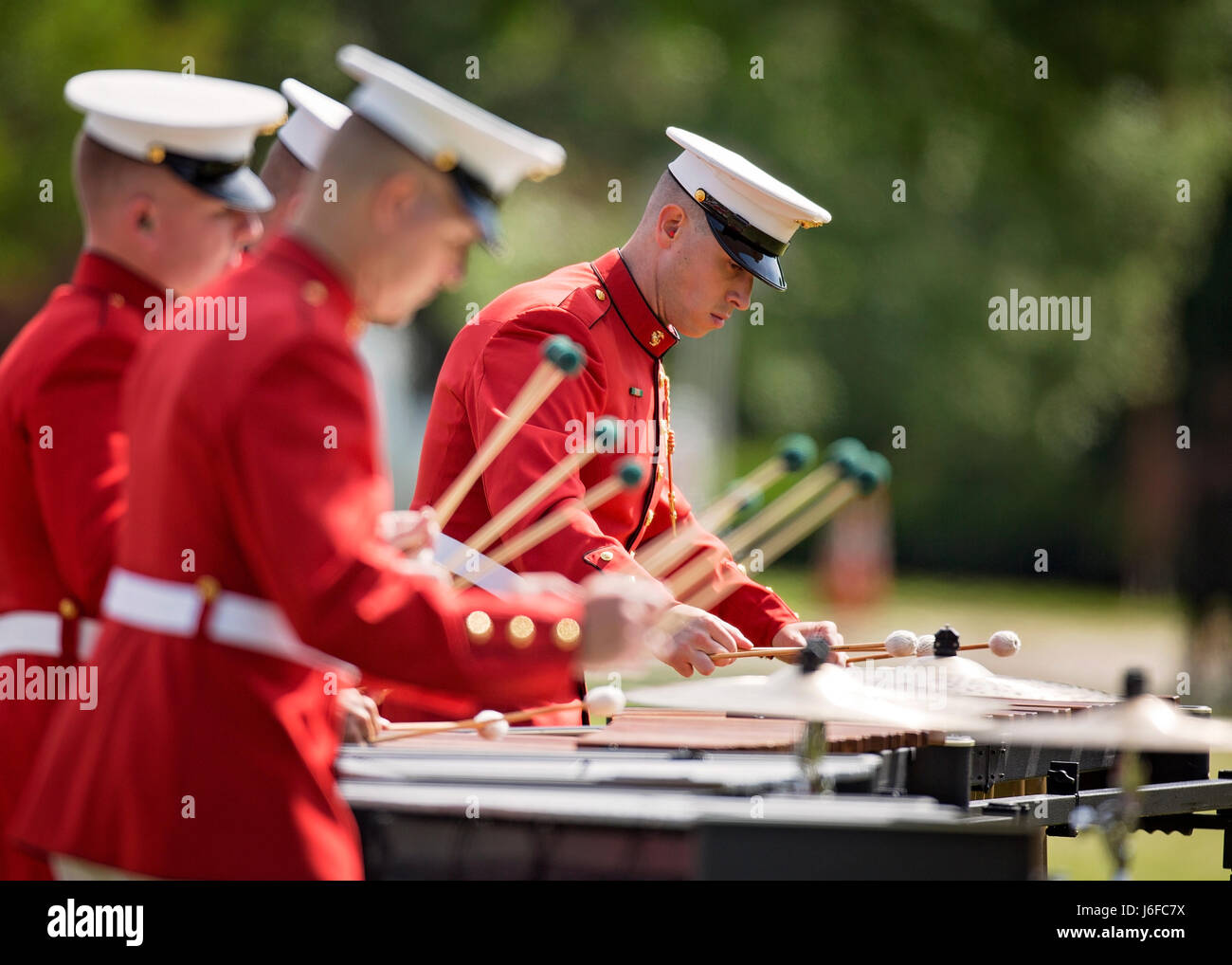 Members of the U.S. Marine Drum & Bugle Corps perform during the Centennial Celebration Ceremony at Lejeune Field, Marine Corps Base (MCB) Quantico, Va., May 10, 2017. The event commemorates the founding of MCB Quantico in 1917, and consisted of performances by the U.S. Marine Corps Silent Drill Platoon and the U.S. Marine Drum & Bugle Corps. (U.S. Marine Corps photo by James H. Frank) Stock Photo