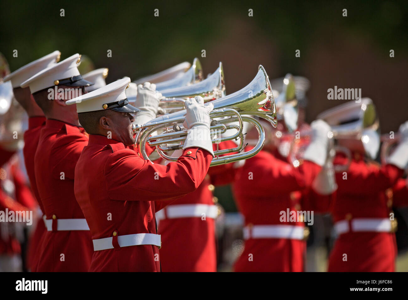 Members of the U.S. Marine Drum & Bugle Corps perform during the Centennial Celebration Ceremony at Lejeune Field, Marine Corps Base (MCB) Quantico, Va., May 10, 2017. The event commemorates the founding of MCB Quantico in 1917, and consisted of performances by the U.S. Marine Corps Silent Drill Platoon and the U.S. Marine Drum & Bugle Corps. (U.S. Marine Corps photo by James H. Frank) Stock Photo
