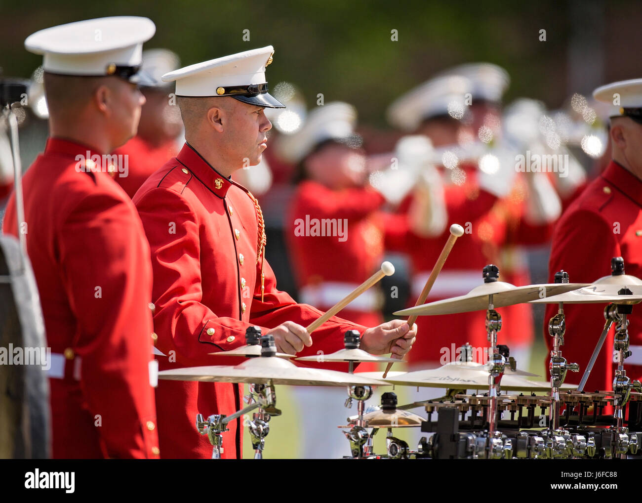 Members of the U.S. Marine Drum & Bugle Corps perform during the Centennial Celebration Ceremony at Lejeune Field, Marine Corps Base (MCB) Quantico, Va., May 10, 2017. The event commemorates the founding of MCB Quantico in 1917, and consisted of performances by the U.S. Marine Corps Silent Drill Platoon and the U.S. Marine Drum & Bugle Corps. (U.S. Marine Corps photo by James H. Frank) Stock Photo