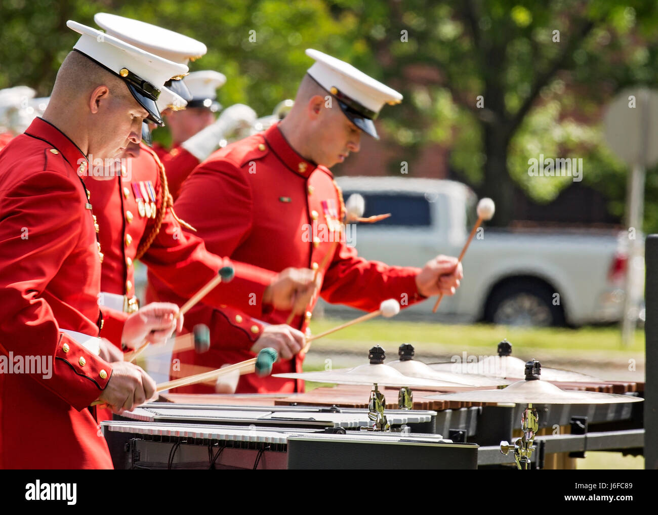 Members of the U.S. Marine Drum & Bugle Corps perform during the Centennial Celebration Ceremony at Lejeune Field, Marine Corps Base (MCB) Quantico, Va., May 10, 2017. The event commemorates the founding of MCB Quantico in 1917, and consisted of performances by the U.S. Marine Corps Silent Drill Platoon and the U.S. Marine Drum & Bugle Corps. (U.S. Marine Corps photo by James H. Frank) Stock Photo