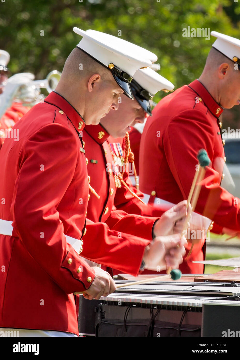 Members of the U.S. Marine Drum & Bugle Corps perform during the Centennial Celebration Ceremony at Lejeune Field, Marine Corps Base (MCB) Quantico, Va., May 10, 2017. The event commemorates the founding of MCB Quantico in 1917, and consisted of performances by the U.S. Marine Corps Silent Drill Platoon and the U.S. Marine Drum & Bugle Corps. (U.S. Marine Corps photo by James H. Frank) Stock Photo