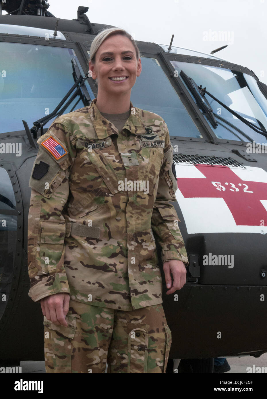 Chief Warrant Officer 2 Megan Yanacek of the Pennsylvania National Guard piloted a UH-60 Black Hawk helicopter to the 911th Airlift Wing in Coraopolis, Pennsylvania, for the 2017 Wings Over Pittsburgh Air Show on May 13-14, 2017.  Yanacek completed flight school in 2012 after having spent eight years in the National Guard as a combat medic. Stock Photo