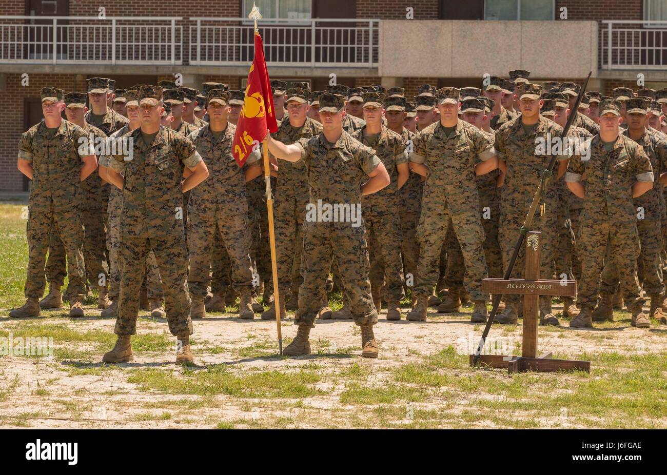 Marines stand in a formation during a Chesty Puller award ceremony at Camp Lejeune, N.C., May 15, 2017. The Marines earned the award due to their impressive conduct in combat, garrison and in the field of innovation throughout the calendar year of 2016. The Marines are with 2nd Battalion, 6th Marine Regiment, 2nd Marine Division. (U.S. Marine Corps photo by Pfc. Abrey D. Liggins) Stock Photo