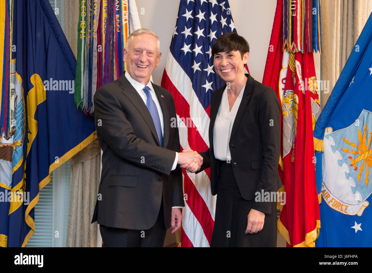 Defense Secretary Jim Mattis stands with Norway’s Minister of Defence Ine Eriksen Søreide before a meeting at the Pentagon in Washington, D.C., May 17, 2017. (DOD photo by U.S. Army Sgt. Amber I. Smith) Stock Photo