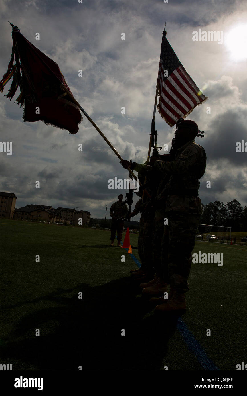 Paratroopers of the 307th Brigade Engineer Battalion, 3rd Brigade Combat Team, 82nd Airborne Division, presenting the colors during day one of the Color Guard and Guidon Competition at Towle Stadium on Fort Bragg, N.C., May 18, 2017. The Division's legacy as 'America's Guard of Honor' is traced back to the American color guard in Berlin after World War II. In honor of the proud history of the 82nd, we continue to carry on the tradition of Paratroopers past and present. (U.S. Army photo by Spc. L'Erin Wynn) Stock Photo