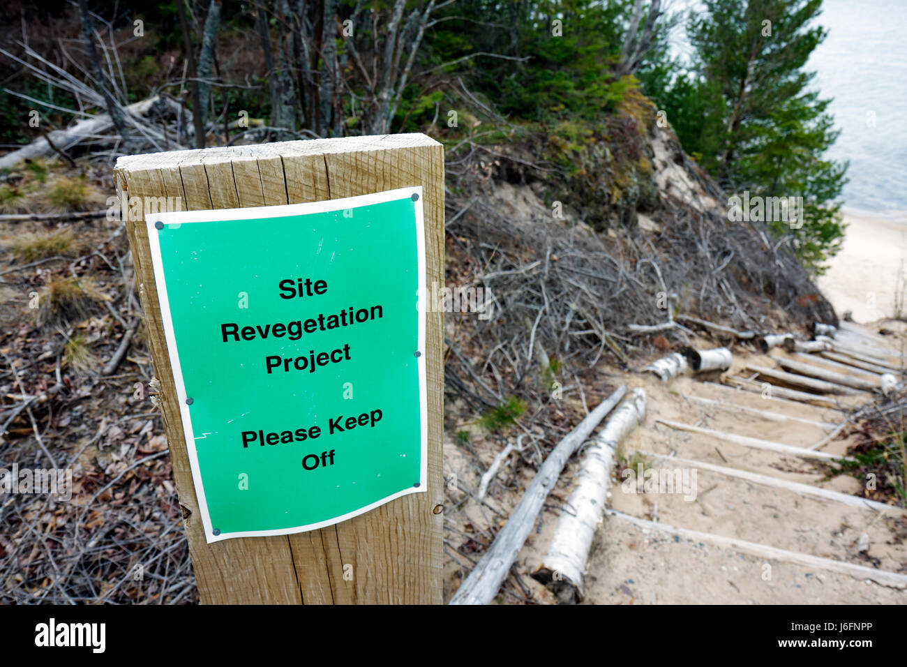 Michigan Upper Peninsula,U.P.,UP,Lake Superior,Pictured Rocks National Lakeshore,Au Sable Light Station,Great Lakes,sign,revegetation project,replanti Stock Photo