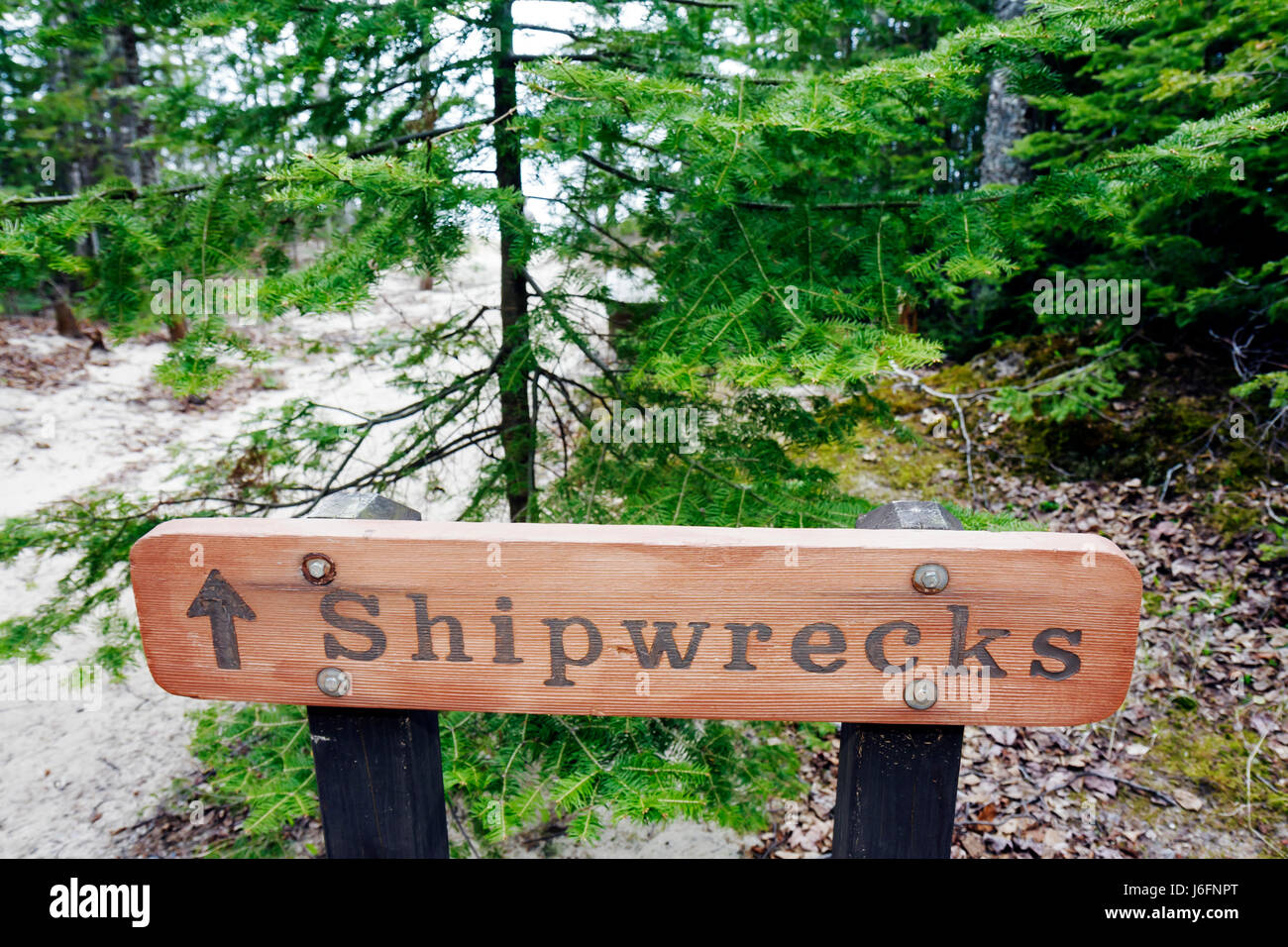 Michigan Upper Peninsula,U.P.,UP,Lake Superior,Pictured Rocks National Lakeshore,Twelvemile Beach,wood sign,direction,shipwrecks,shipwreck,MI090512063 Stock Photo
