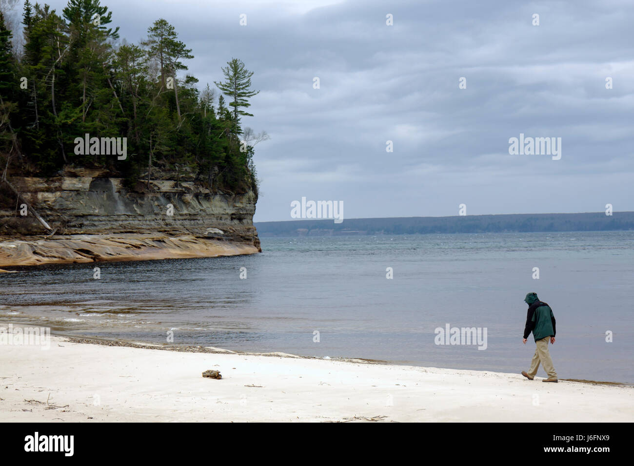 Michigan Upper Peninsula,U.P.,UP,Lake Superior,Pictured Rocks National Lakeshore,Miners Beach,Great Lakes,early spring,sandstone cliff,sand,public,bea Stock Photo