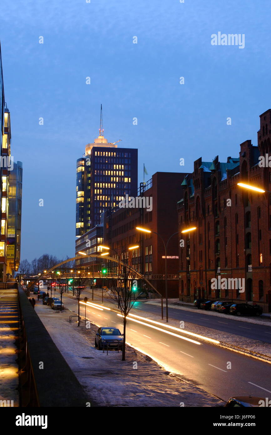 winter traffic transportation hamburg memory city street road blue tower Stock Photo
