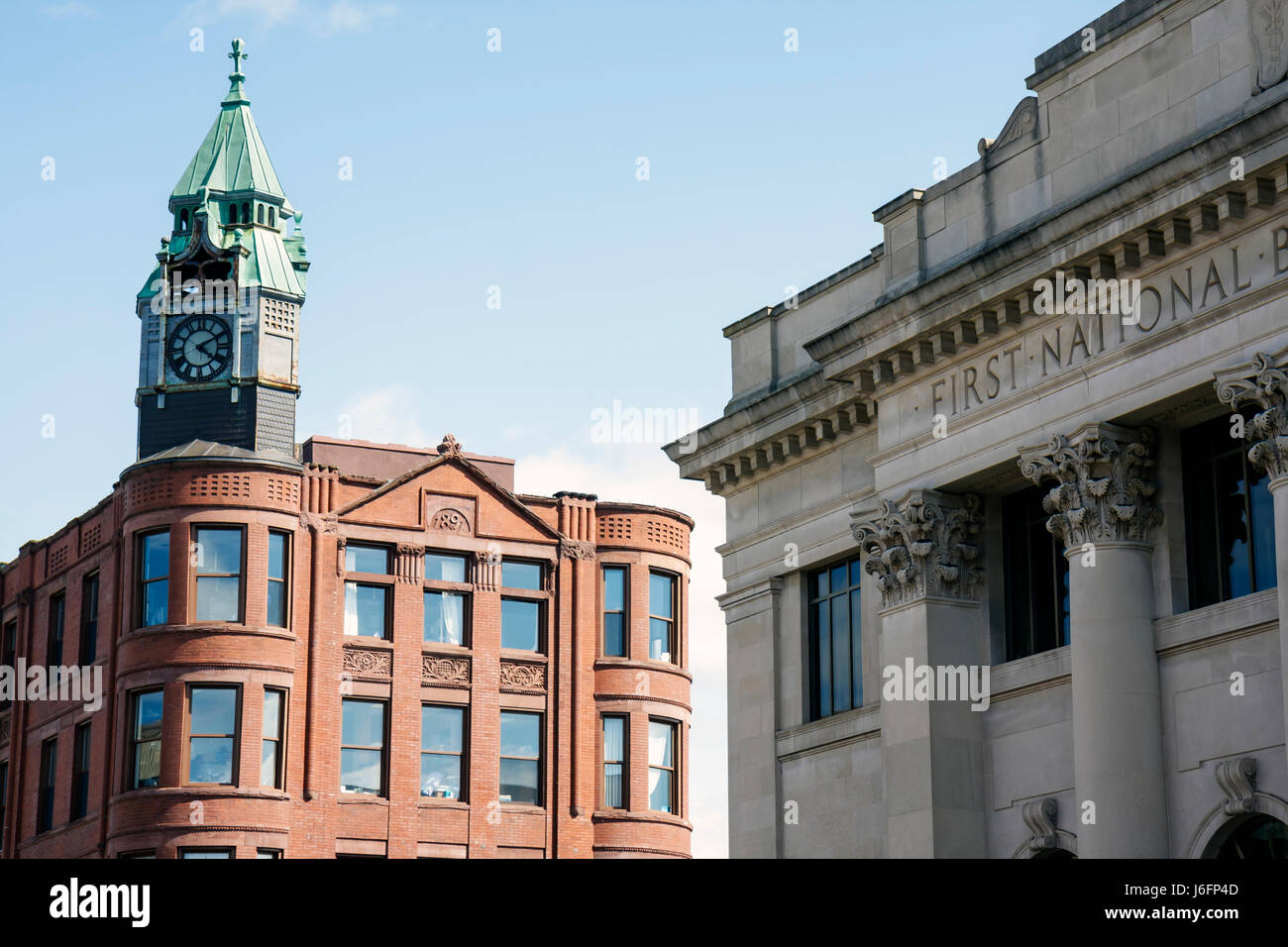 Marquette Michigan Upper Peninsula UP Lake Superior,Washington Street,Old Savings Bank,banking,Wells Fargo,downtown,Old Savings Bank building,1891,red Stock Photo