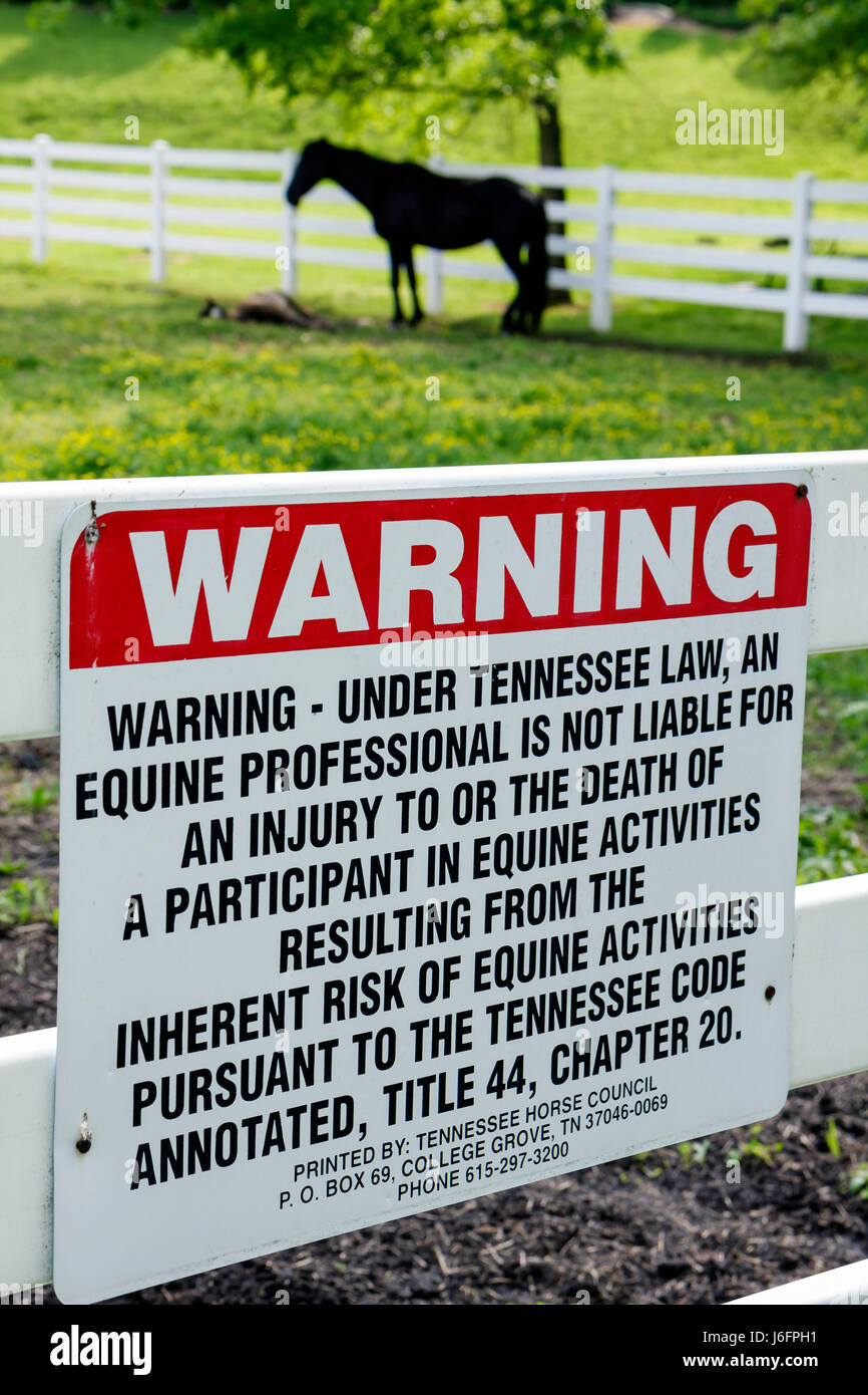 Sevierville Tennessee,Smoky Mountains,horse,paddock,warning sign,liability,equine activities,danger,law,horse,riding,TN080428002 Stock Photo