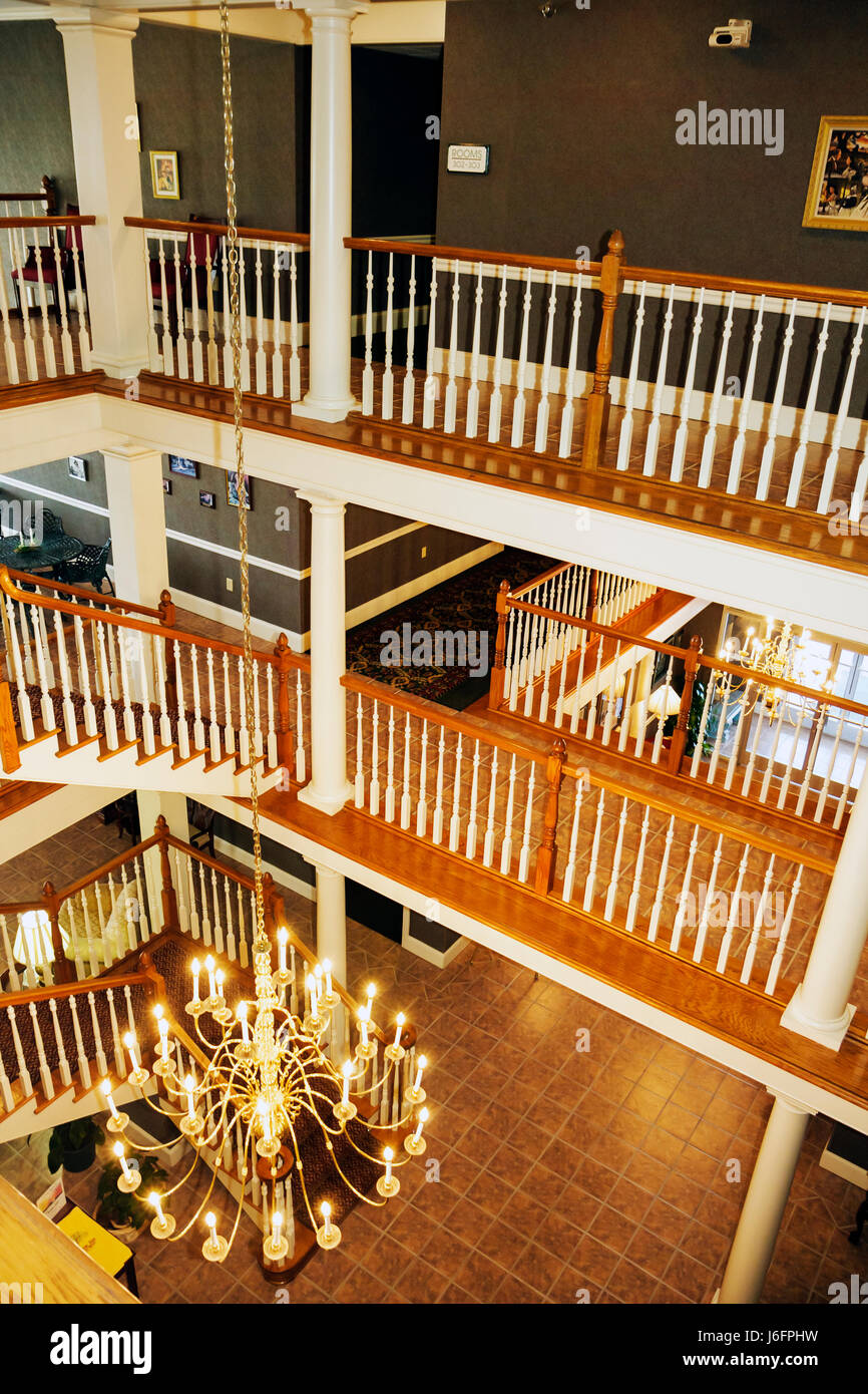 Sevierville Tennessee,Smoky Mountains,Clarion Inn,Willow River,hotel,lobby,staircase,handrail,baluster,overhead view,atrium,chandelier,floors,TN080428 Stock Photo