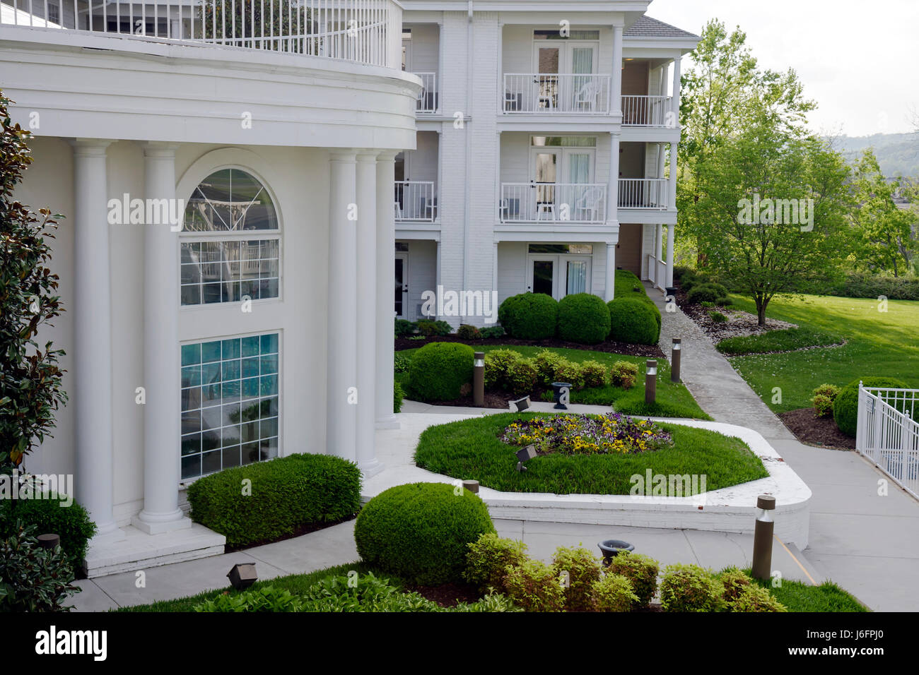 Sevierville Tennessee,Smoky Mountains,Clarion Inn,Willow River,hotel,chain,lodging,hospitality,building,outside exterior,front,entrance,Greek Revival, Stock Photo