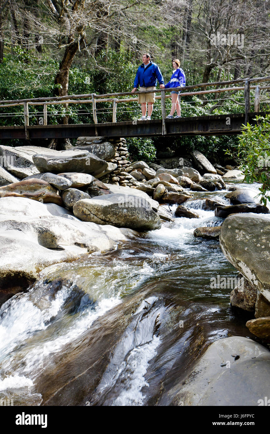 Tennessee Great Smoky Mountains National Park,Little Pigeon River,man men male,woman female women,couple,rock,waterfall,bridge,nature,natural,scenery, Stock Photo
